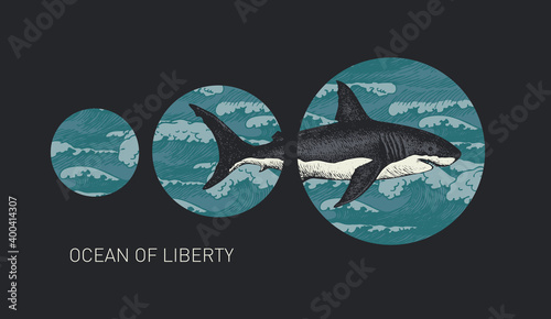 Hand-drawn banner with a big shark and circles with sea waves on a black background. Vector illustration on the theme of travel, adventure and discovery in retro style with the words Ocean of liberty