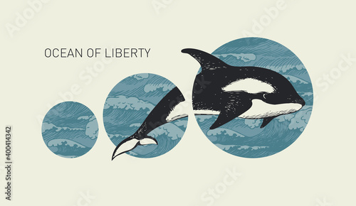 Hand-drawn banner with a killer whale and circles with sea waves on light background. Vector illustration on the theme of travel, adventure and discovery with the words Ocean of liberty in retro style