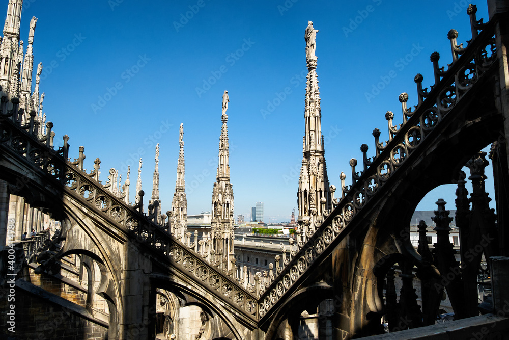 A view of Duomo di Milano with blue clear sky, Milan, Italy