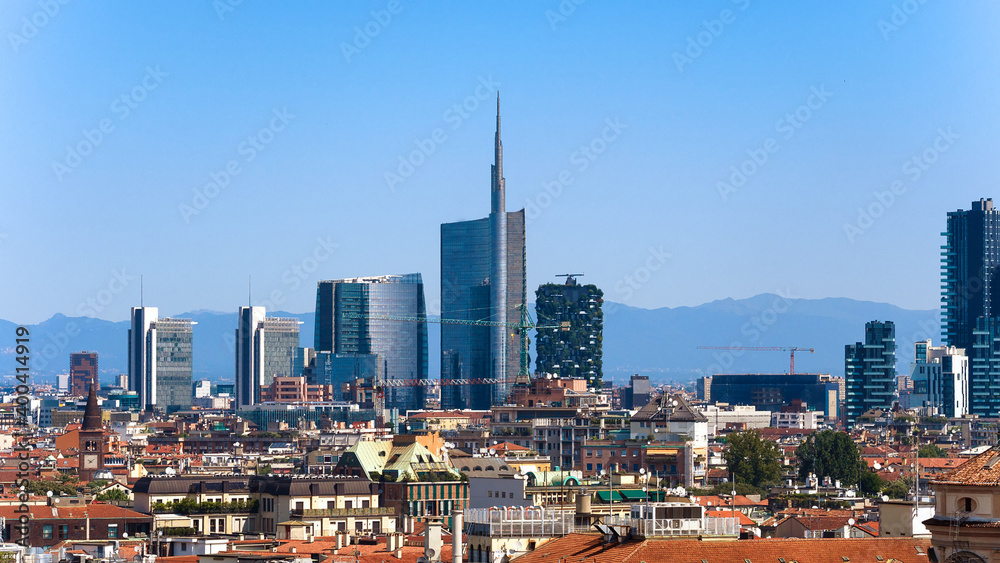 Naklejka premium Milan skyline with modern skyscrapers in Porto Nuovo business district in Italy. Panoramic view from Milan Duomo rooftop.