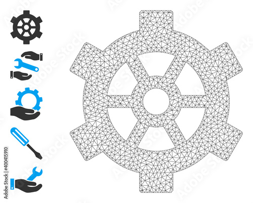 Mesh web gear icon with simple glyphs created from gear vector graphics. Carcass mesh polygonal gear. Wire carcass 2D mesh in vector format.