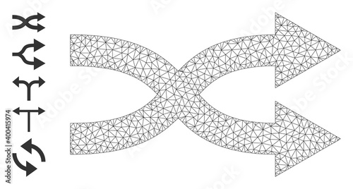 Mesh network shuffle arrows right icon with simple symbols created from shuffle arrows right vector illustration. Carcass mesh polygonal shuffle arrows right. Wire carcass 2D mesh in vector EPS format