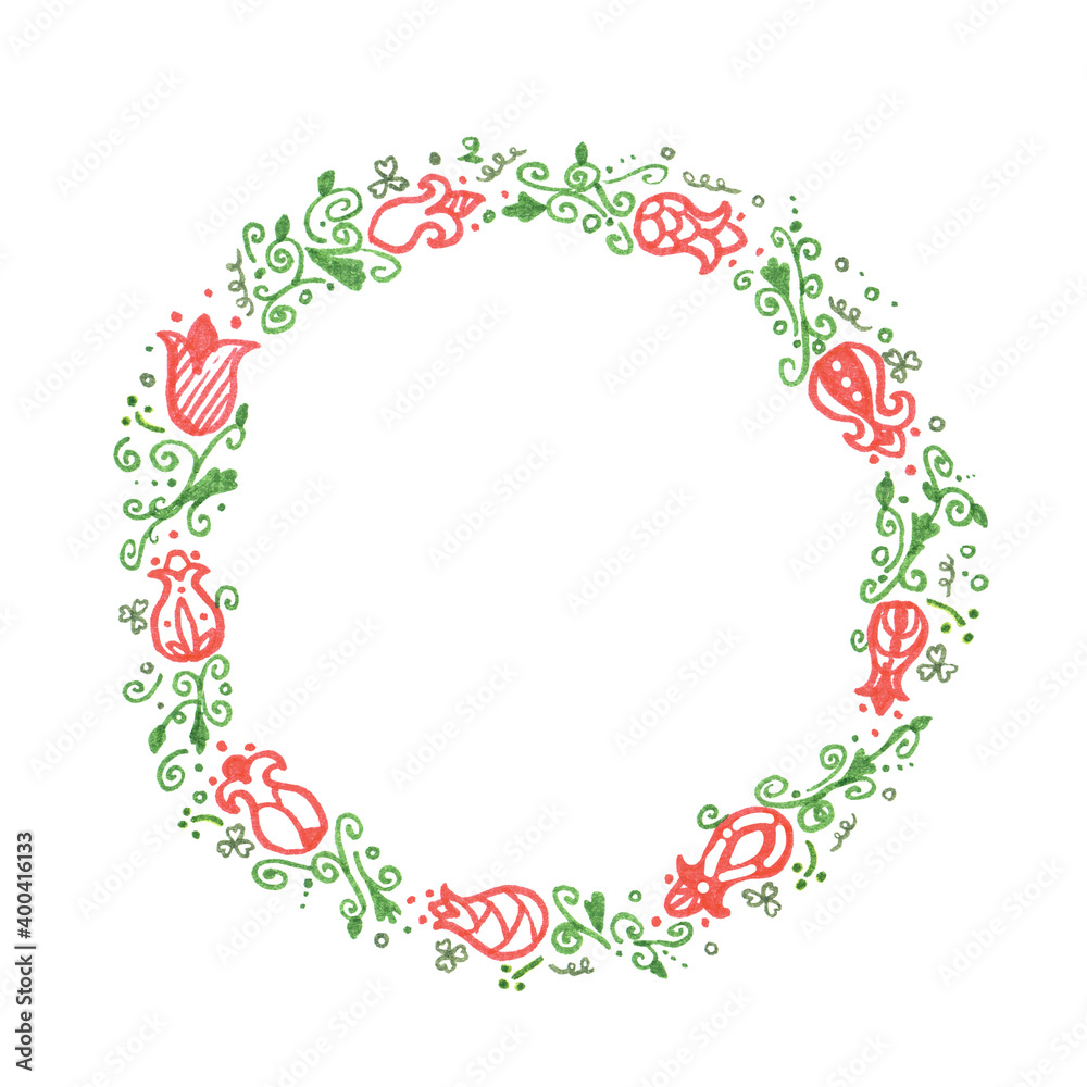 Round floral frame hand-drawing with felt-tip pen isolated on white background design element for invitation, postcard, banner.