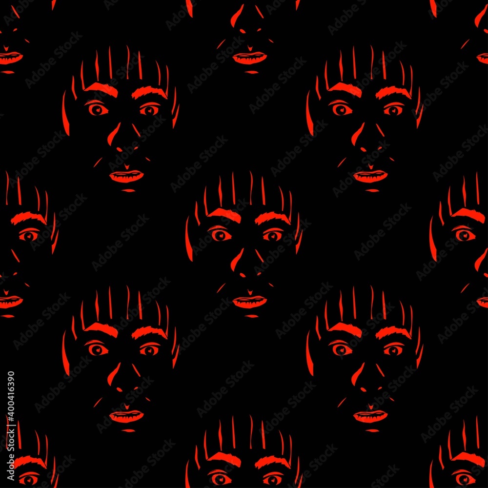 Vector illustration. Seamless pattern silhouette face on a black background. Design element for poster, banner, clothes. Vector illustration. Seamless pattern silhouette face on a black background. Design element for poster, banner, clothes.