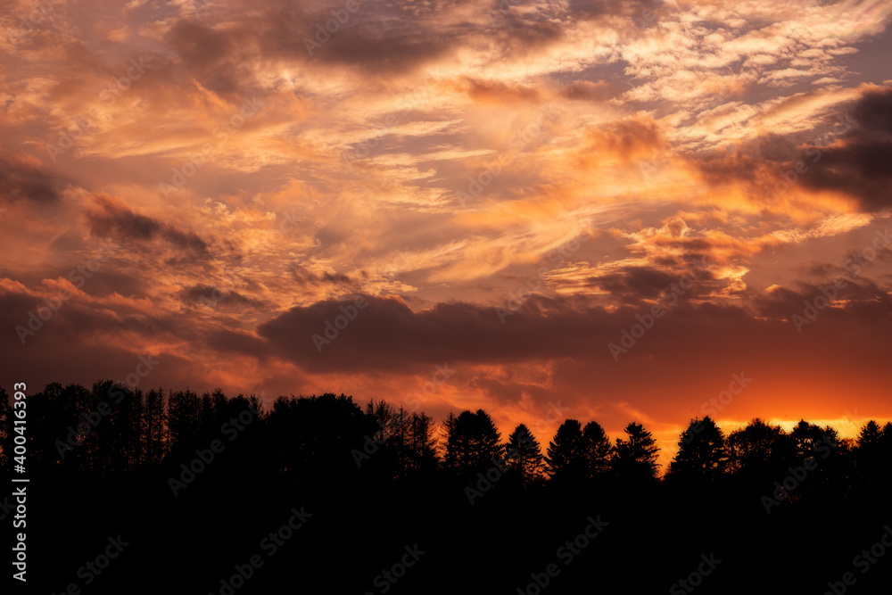 Sonnenuntergang mit schönem Wolkenbild und Baumsilhouette Sonnenuntergang mit schönem Wolkenbild und Baumsilhouette