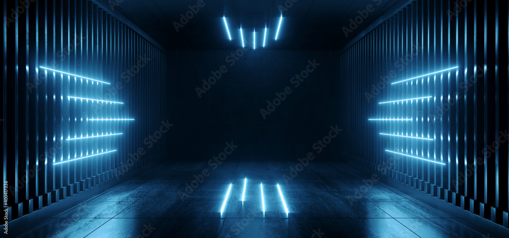 Sci Fi Futuristic Blue Cyber Modern Neon Led Arrow Shaped Lights Catwalk  Tunnel Garage Corridor Warehouse Underground Grunge Concrete Cement 3d  Rendering Stock Photo - Download Image Now - iStock