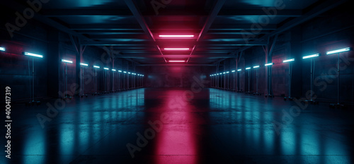 Cyber Neon Purple Blue Red Sci Fi Futuristic Grunge Hangar Retro Warehouse Underground Parking Steel Concrete Cement Tunnel Corridor Industrial Background 3D Rendering