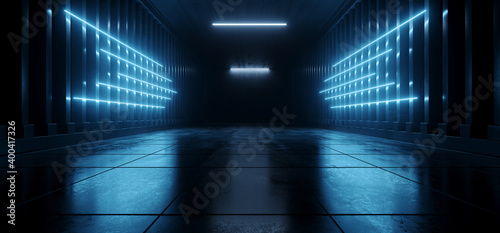 Sci Fi Futuristic Blue Cyber Modern Neon Led Arrow Shaped Lights Catwalk Tunnel Garage Corridor Warehouse Underground Grunge Concrete Cement 3D Rendering