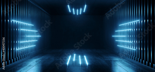 Fototapeta Naklejka Na Ścianę i Meble -  Sci Fi Futuristic Blue Cyber Modern Neon Led Line Lights Catwalk Tunnel Garage Corridor Warehouse Underground Grunge Concrete Cement 3D Rendering