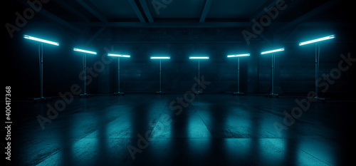 Sci Fi Industrial Cyber Futuristic Stage Blue Neon Led Lights Glowing Showcase Empty Background Realistic Cement Grunge Concrete Tunnel Corridor Hangar Dark 3D Rendering