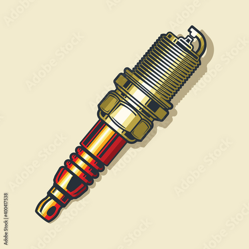 Spark plug. Color illustration of spark plug. Design element for logo, label, emblem, sign, poster. Vector illustration.