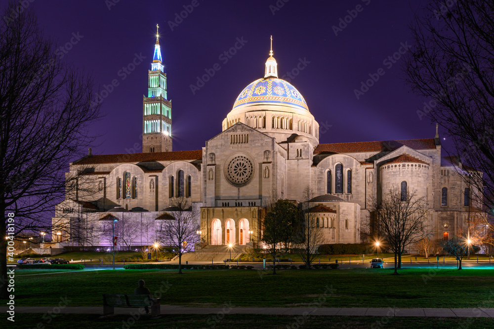 Basilica of the National Shrine of the Immaculate Conception at Night. Washington DC, USA.