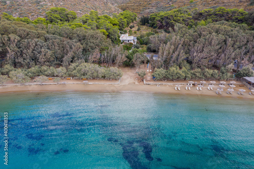 Kea Tzia island, Cyclades, Greece. Gialiskari bay and beach aerial drone view