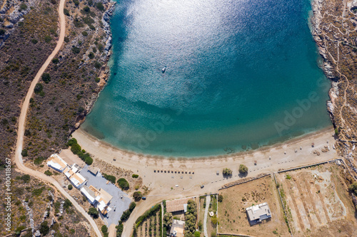 Kea Tzia island, Cyclades, Greece. Spathi bay and beach aerial drone view photo