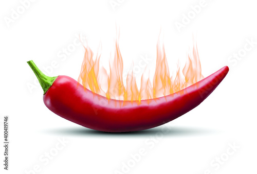 red hot chili pepper isolated on white background with flame