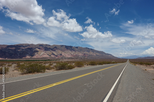 Ligne droite interminable avec une double ligne centrale jaune au milieu d'un paysage désertique en Argentine photo