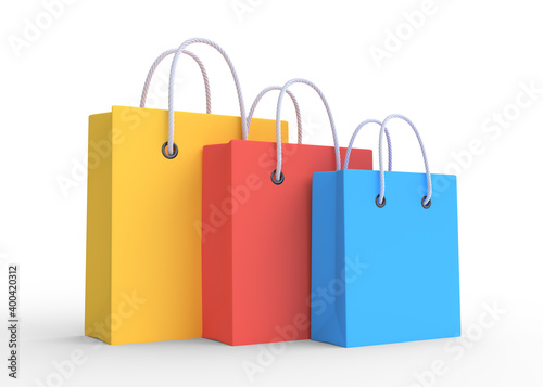 Set of Colorful Empty Shopping Bags Isolated in White background. Minimalist concept. 3d render illustration