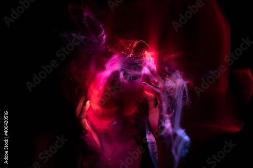 light painting portrait, new art direction, long exposure photo without photoshop, light drawing at long exposure 