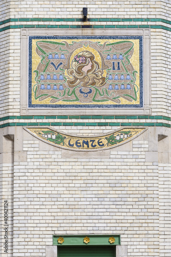 Art nouveau tiles on a houses in the Zurenborg neighbourhood  Antwerp  Belgium