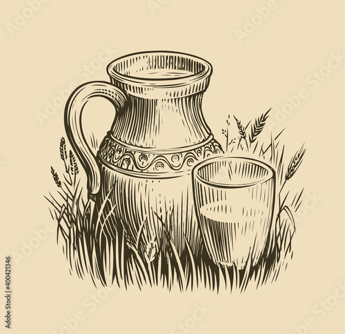 Jug of milk sketch. Dairy products vintage vector illustration