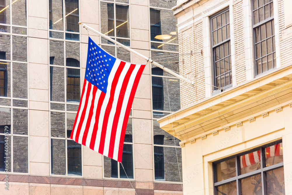 American Flags waving on building.New York, USA.