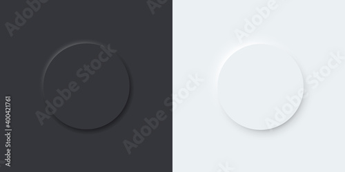3D vector buttons neumorphic design. Geometric shapes: circle, square, .rectangle on black, dark, white background with light shadows. Web elements geometry modern trend tree-dimensional design.