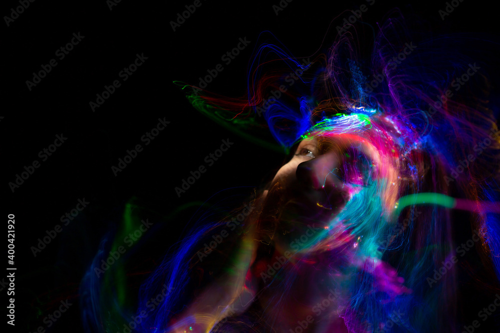 Lucid Dreaming series. Backdrop of human face and colorful fractal clouds on the subject of dreams, mind, spirituality, imagination and inner world