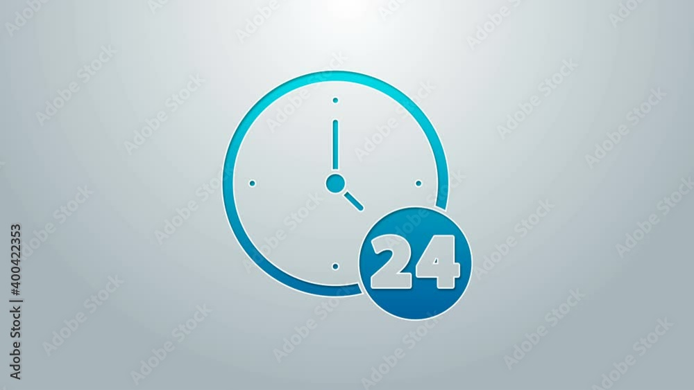 Blue line Clock 24 hours icon isolated on grey background. All day cyclic icon. 24 hours service symbol. 4K Video motion graphic animation Blue line Clock 24 hours icon isolated on grey background. All day cyclic icon. 24 hours service symbol. 4K Video motion graphic animation