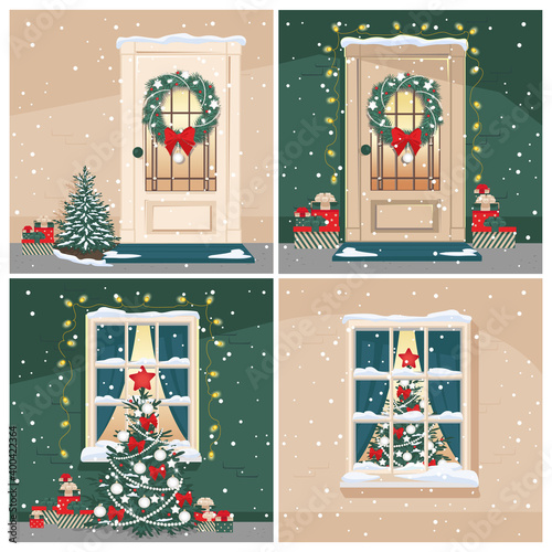 Christmas doors and windows with fir tree and Christmas decorations. Christmas backgrounds set. Vector illustration.