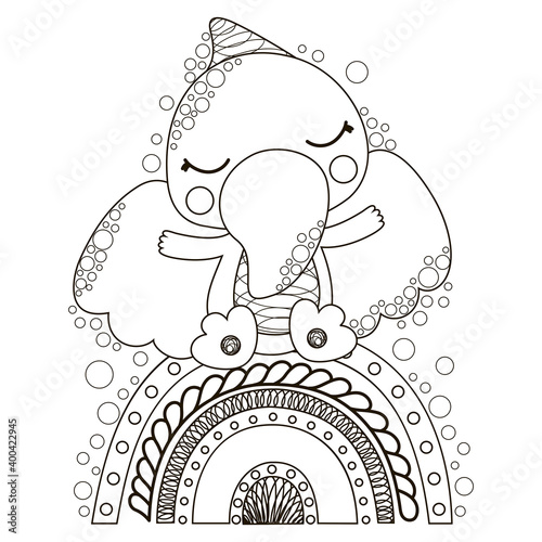 Cute isolated black and white children's illustration of cartoon pterosaur toddler sitting on a rainbow. For printing on baby clothes, nursery decor, coloring book and page, digital stamp. Vector.