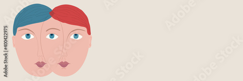 Metaphor bipolar disorder mind mental. Double face.Concept mood disorder. Split personality. Psychology. Dual personality concept. 2 illustrated silhouette heads.Mental health. Depression
