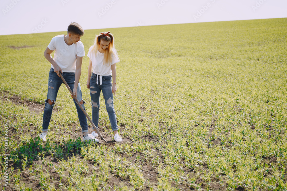 Gardener digging in a field with a spade. Couple using a big shovel for digging old lawn. Gardener digging in a field with a spade. Couple using a big shovel for digging old lawn.