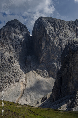 View of Croda del Alpe, Molignon di Mezzo and Molignon di Fuori mountains as seen from Alpe di Tires refuge, Catinaccio/Rosengarten massif, Dolomites, Trentino, South Tyrol, Alto-Adge, Italy.