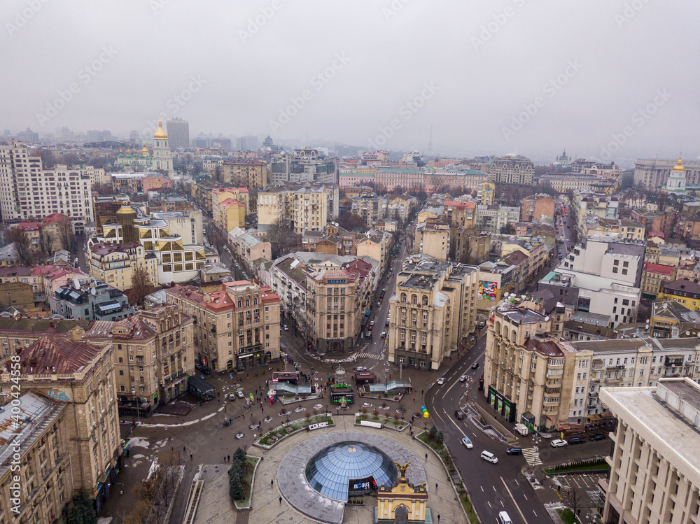 Aerial drone view of the central square of Kiev: Independence square.