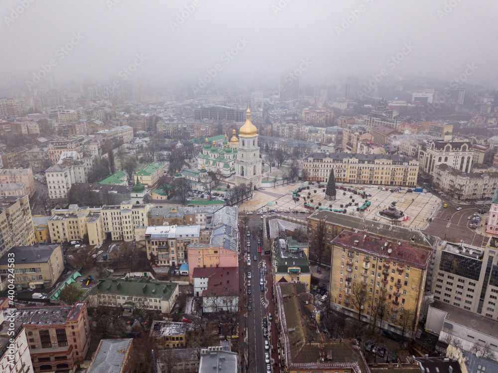 Aerial drone view of the central streets of Kiev. St. Sophia Church on the horizon