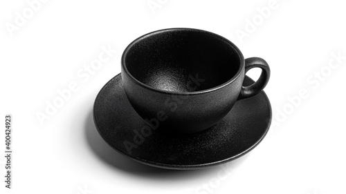 Empty black cup and saucer on a white background. High quality photo