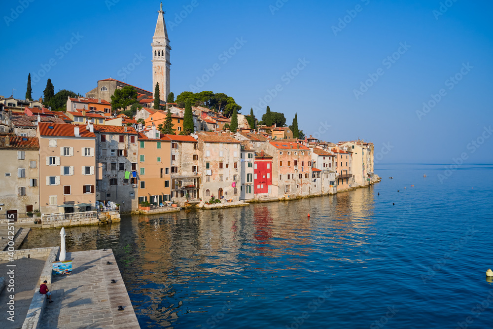 The coastline of the Peninsula with panoramic views of the old town of Rovinj. Croatia. Shooting from the air.