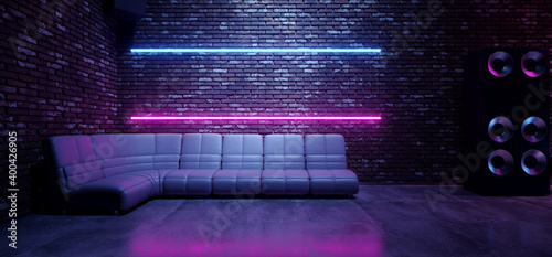 Sci Fi Neon Futuristic Retro Club Seat Chair Room Glowing Rectangle Lasers On Striped Wall Blue Purple Bar Gradient Vibrant Synth Wave Cyber Interior Stage Concrete Cement 3D Rendering