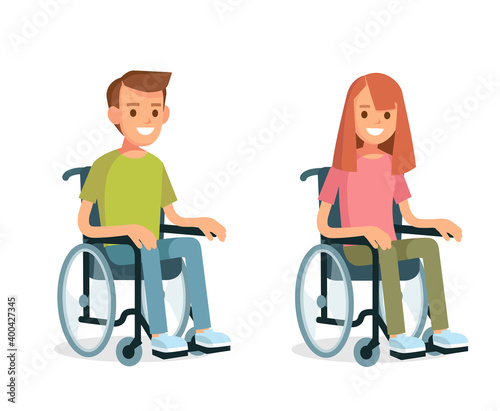 Vector cute young diseased couple man and woman with disabilities sit in wheelchairs. Handicapped person. Disabled people. Sufferer, ill, painful.