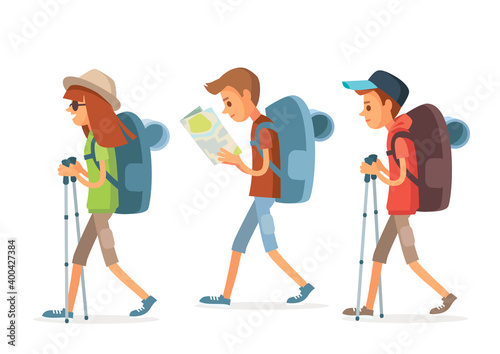 Nordic walking. Set group of young tourists traveling people walking with walking poles, ski poles, travel bag backpack and map,going on vacation trip.Travelers collection .Travel and tourism concept.