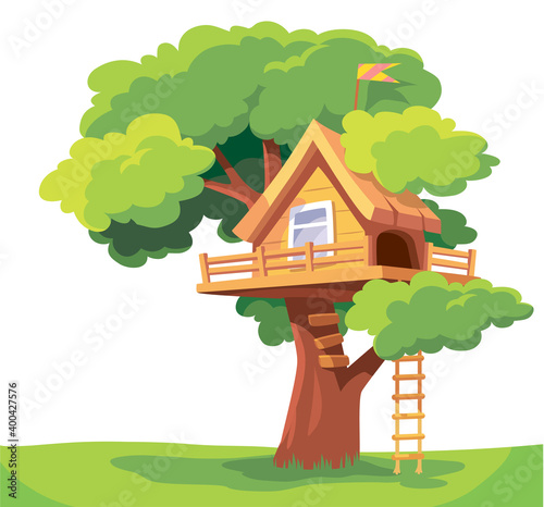 Vector tree-house,.tree house, tree fort, treeshed summer camp isolated on white. Children kids playground area for outdoors adventures.