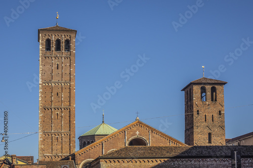 Ancient basilica - church of Sant'Ambrogio (Basilica romana minore collegiata abbaziale prepositurale di Sant'Ambrogio, 1099) in Milan, Italy.