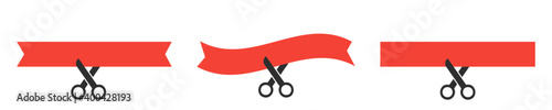 Scissors cut the red ribbon on white background. Grant opening symbol. Scissors and ribbon icon collection in flat style. 