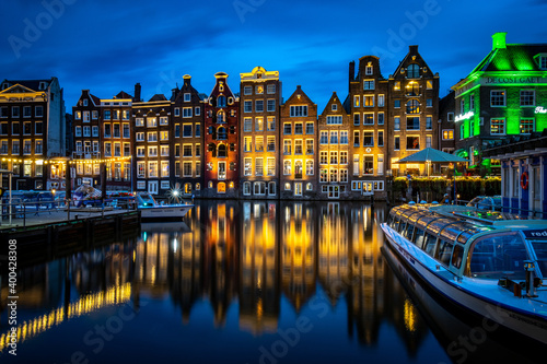 Amsterdam during blue hour, long exposure, Damrak