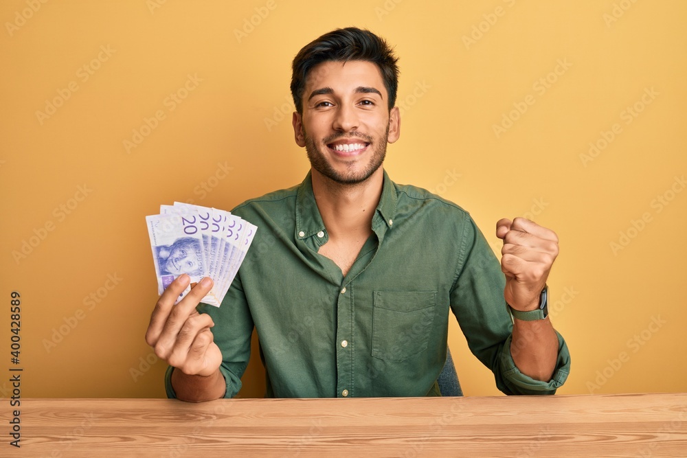 Young handsome man holding 20 swedish krona banknotes screaming proud, celebrating victory and success very excited with raised arm Young handsome man holding 20 swedish krona banknotes screaming proud, celebrating victory and success very excited with raised arm