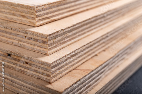 Plywood panels stacked on top of each other. Materials for carpenters for the construction of furniture.