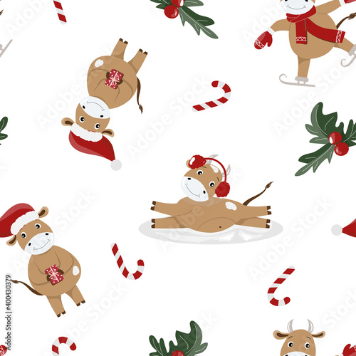 Fototapeta Naklejka Na Ścianę i Meble -  seamless pattern with cows and Christmas decorations on a white background. print for design of fabric and wrapping paper. Christmas drawings for children. Scandinavian style.