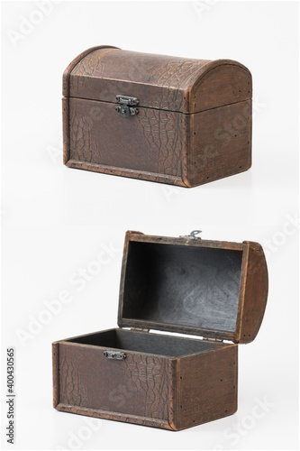 pirate chest treasure isolated on white background - chest box in opened chest box, closed chest box storage