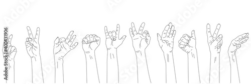 Set of 10 different gestures. Outline hands raised up. Woman's and men's hands.