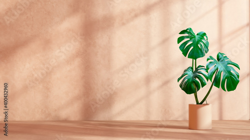 Monstera plant in pot isolated on beige background. Minimal tropical leaves houseplant home decor. 3d rendering.